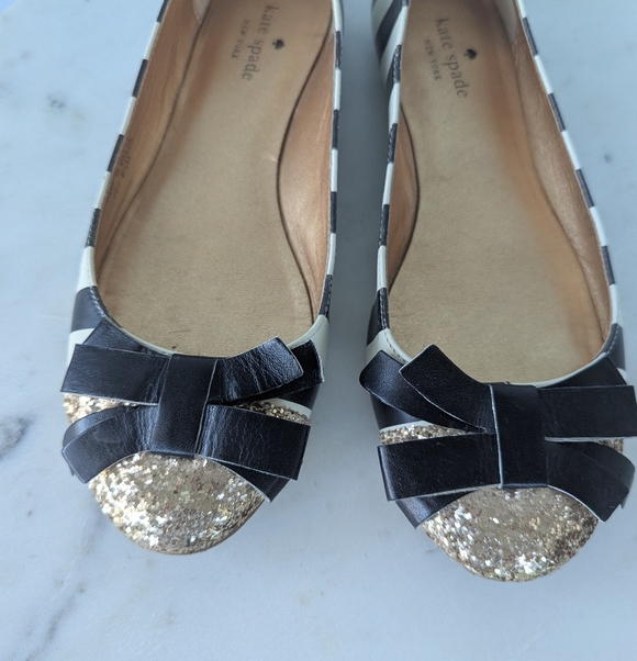 Kate Spade New York Trixie Gold Glitter Toe Black Striped Ballet Flat Shoes - Picture 5 of 13